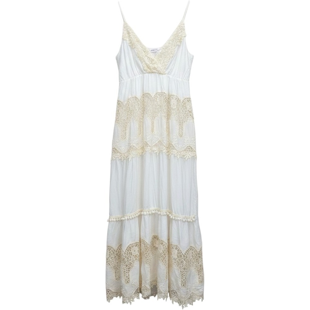 ADDCONFDT Embroidered Crochet Lace Maxi Dress Boho Tiered Layered Summer Cottage
